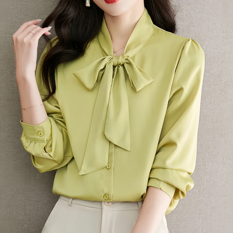 Elegant Women's Long Sleeve Blouse with Bow Collar Casual Loose Fit White Office Shirt Top
