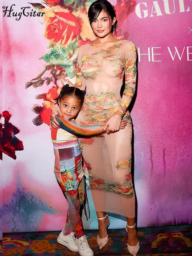 Sheer Mesh Floral Maxi Dress Long Sleeve Beachwear