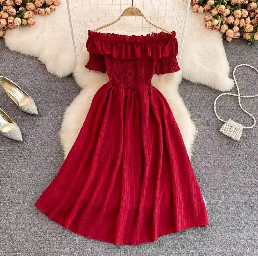 Ruffled Off Shoulder Dress Chiffon Beach Summer Fashion