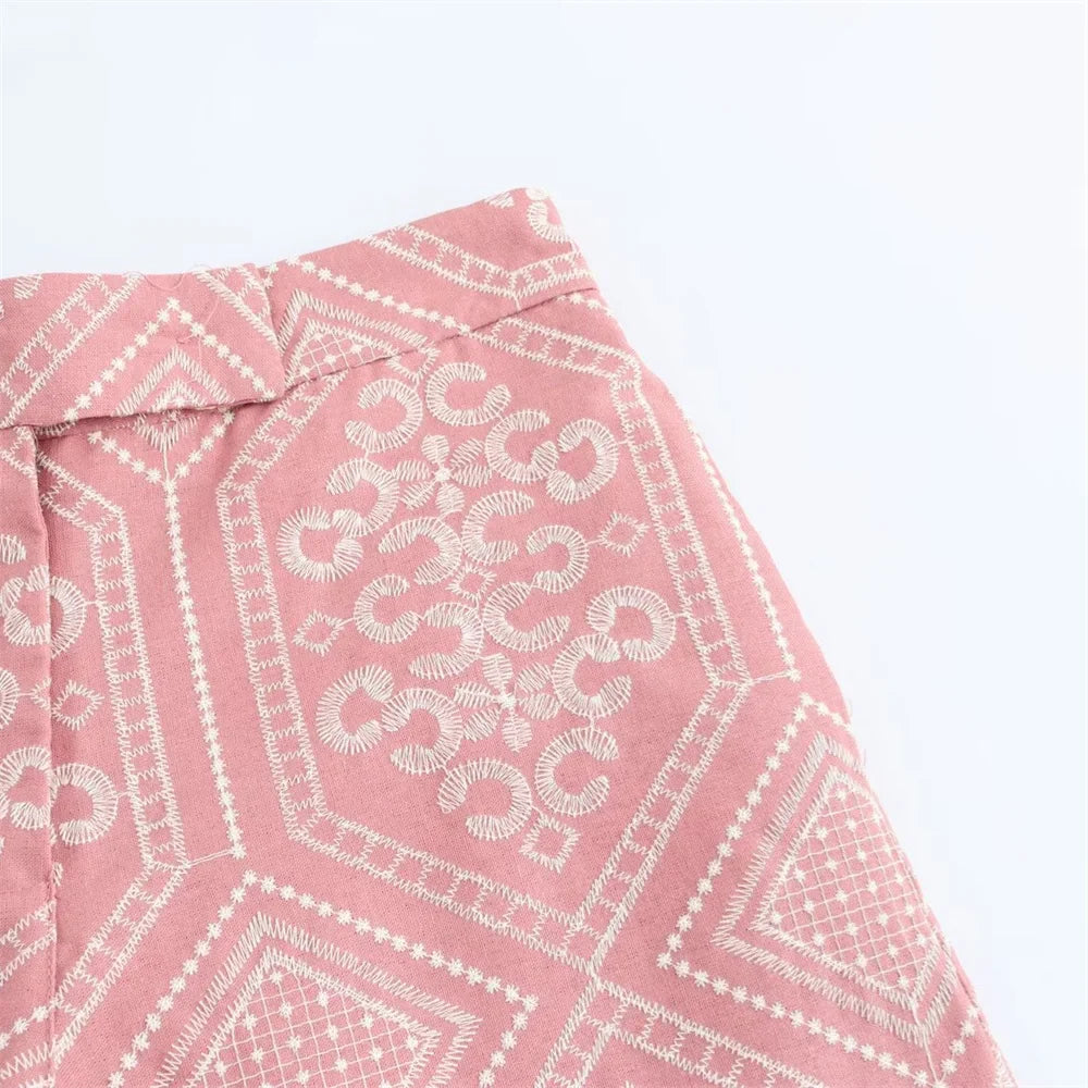 V-Neck Embroidered Kimono Style Mid-Length Windbreaker and High Waisted Straight Leg Pants Set for Women