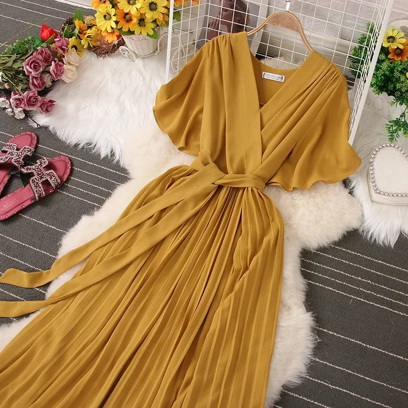 Chiffon Pleated Lace Up V Neck Dress For Women Summer