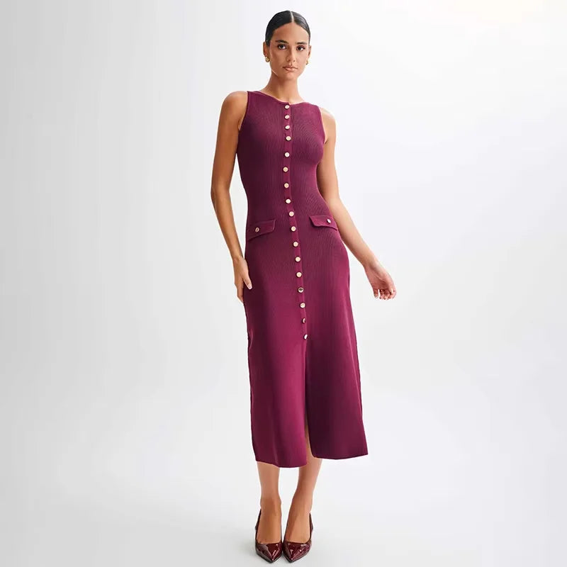 Elegant Sleeveless Ribbed Knit Bodycon Dress High Waist