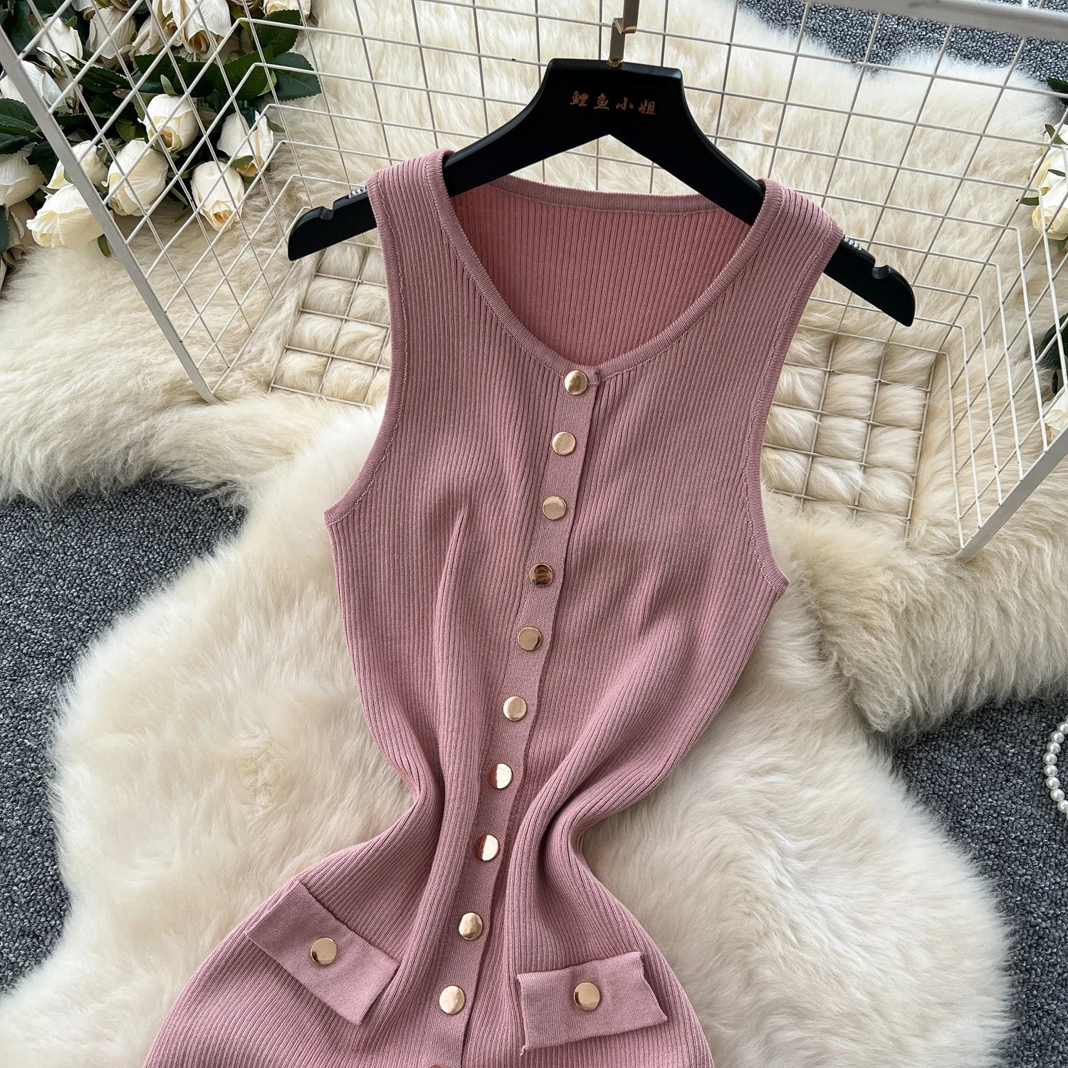 Elegant Solid Knitted O Neck Sleeveless Midi Dress Buttons