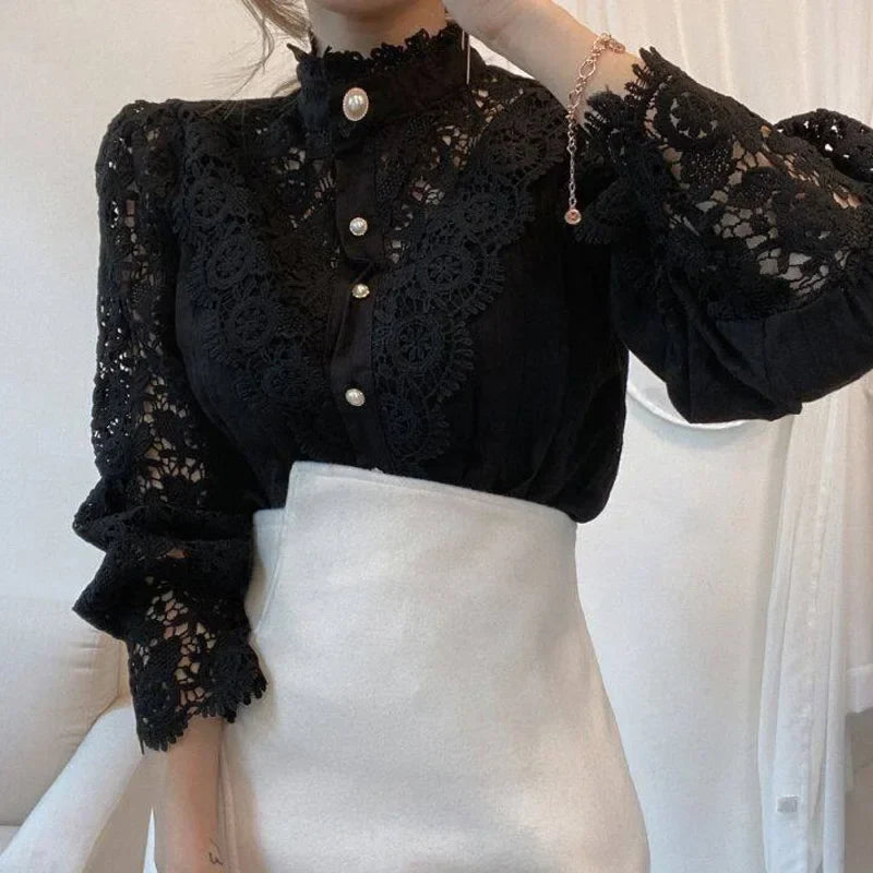 Vintage White Lace Blouse for Women Button Front Loose Fit Hollow Casual Shirt Top