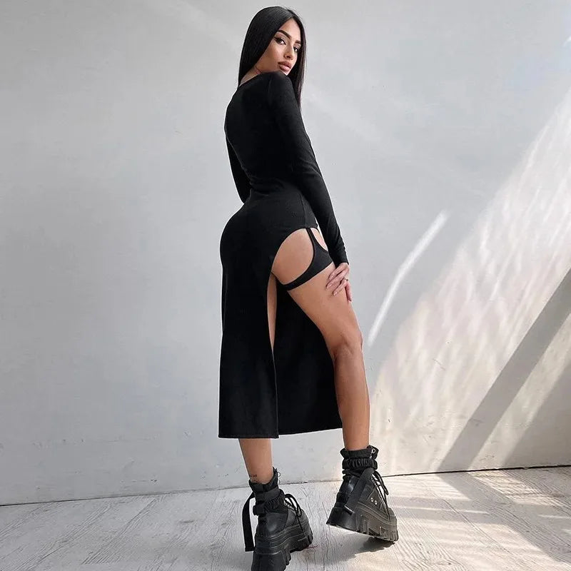 Black Long Sleeve Bodycon Maxi Dress For Party Nights