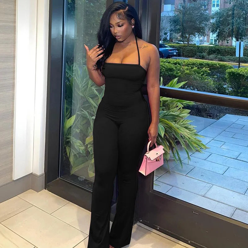 Sleeveless Halter Backless Bodycon Jumpsuit with Flare Pants Casual Rompers for Women Streetwear Festival Outfit