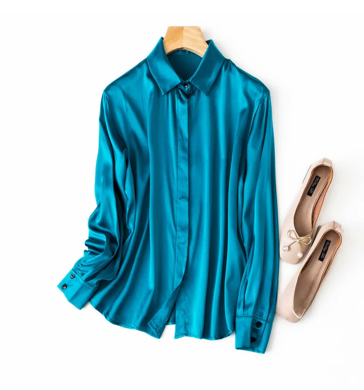 Women Satin Silk Shirt 93% Mulberry Silk 7% Spandex 19 Momme Classic Long Sleeve Blouse Solid Color Office Top for Women M L XL XXL