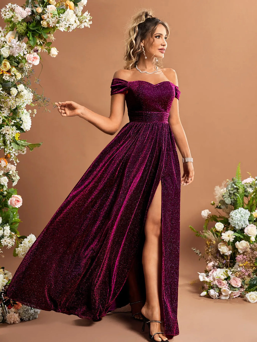 Green Off Shoulder Glitter Dress With Thigh Slit Sequins