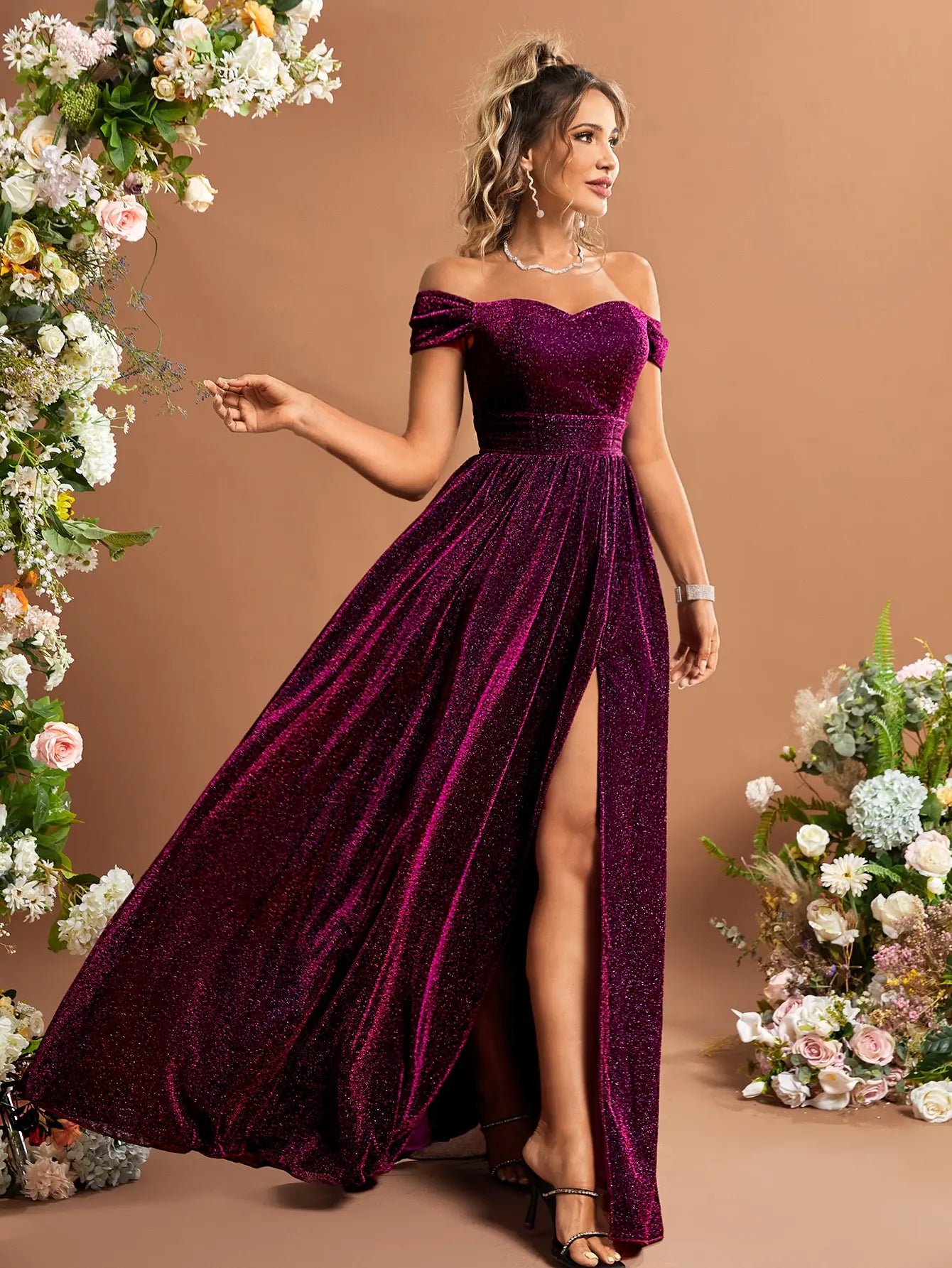 Green Off Shoulder Glitter Dress With Thigh Slit Sequins