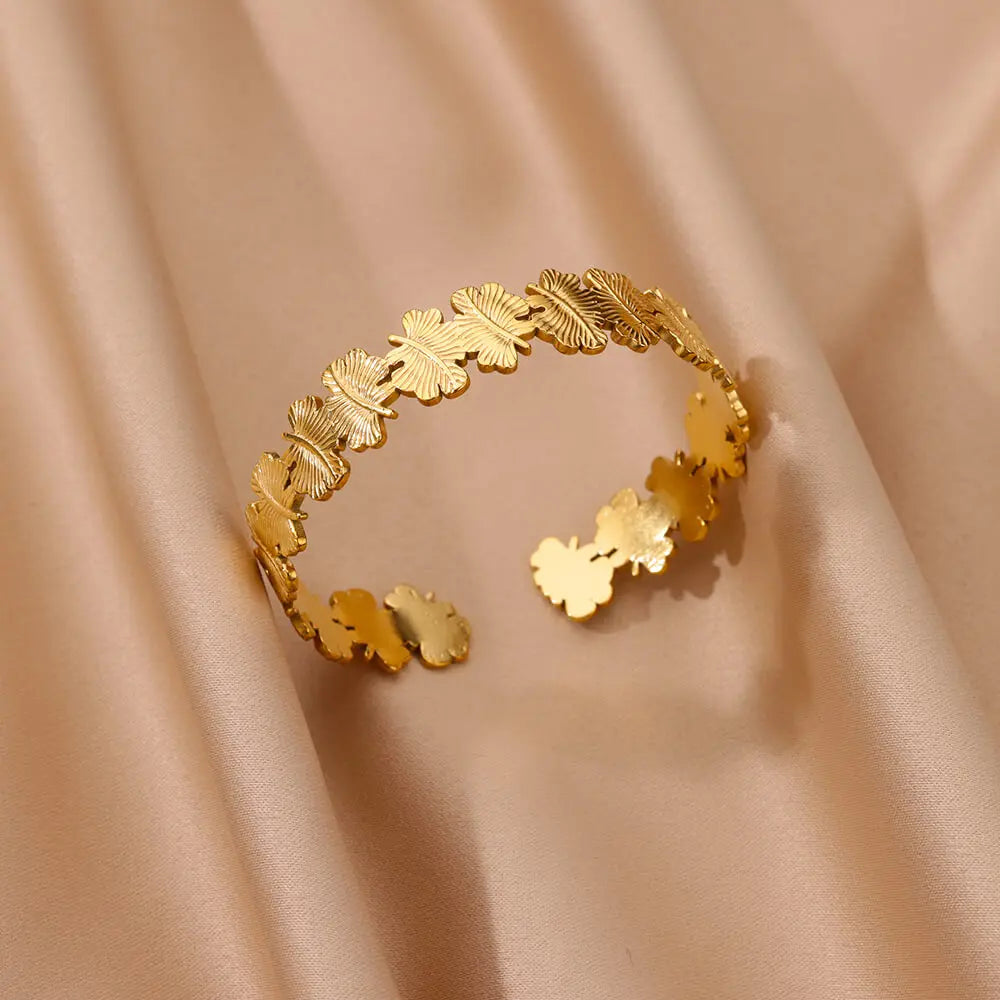 Vintage Flower Bangles for Women Gold Stainless Steel Floral Bracelets Jewelry Gift