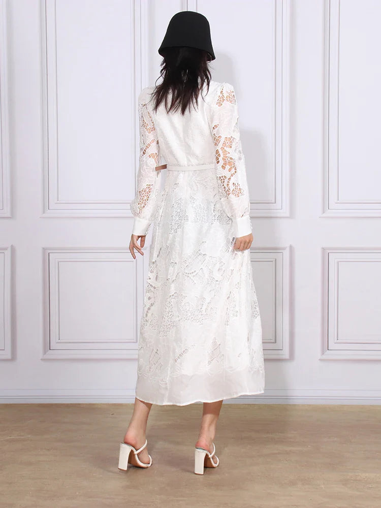 Patchwork Lace Hollow Dress Belted Lantern Sleeve For Women