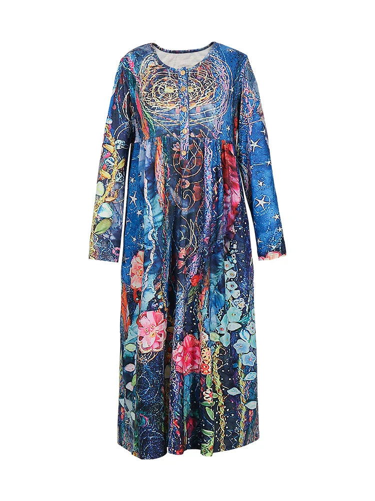 Women's Casual Printed Button Front Long Sleeve Dress