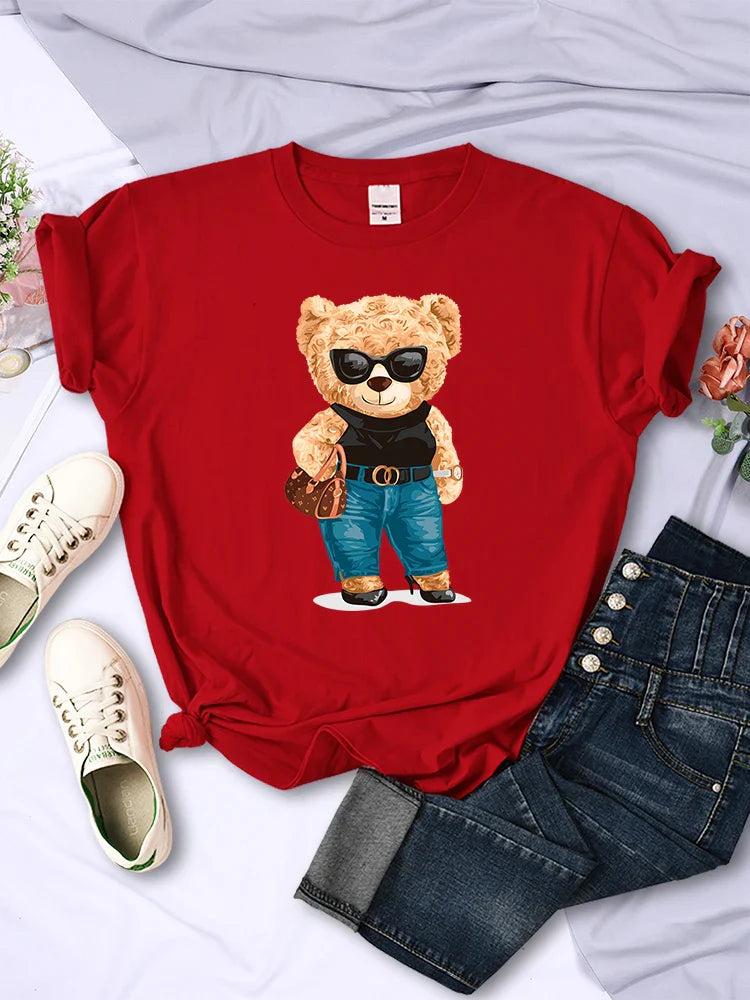 Fashion Teddy Bear Graphic T-Shirt for Women Casual Hip Hop Short Sleeves O-Neck Breathable Summer Tee