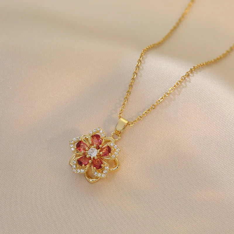 Gold Color Zircon Flower Pendant Necklace for Women Elegant Party Jewelry Gifts