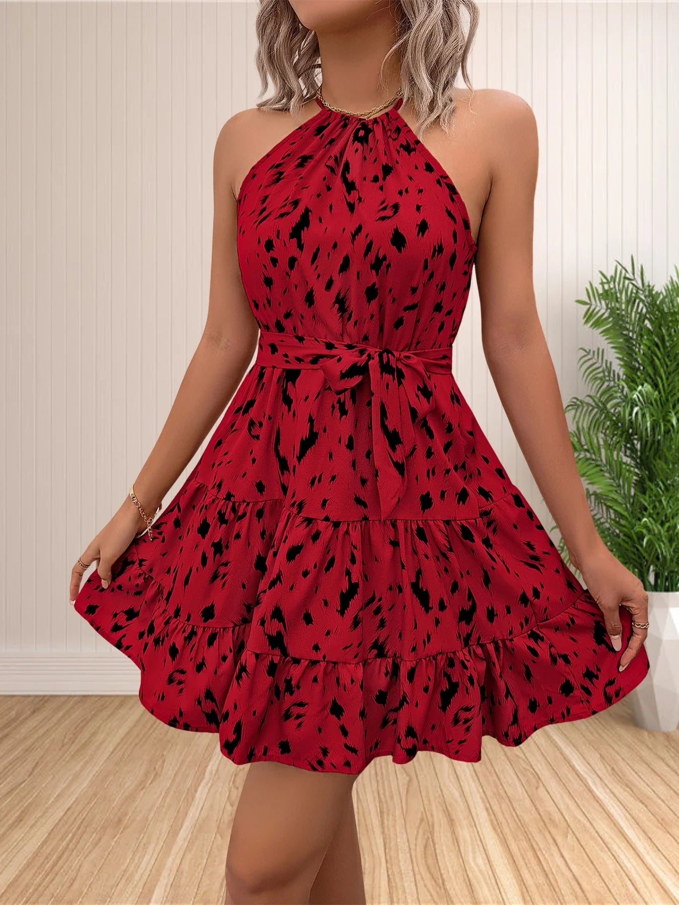 Halter Neck Boho Floral Polka Dot Short Sundress for Women