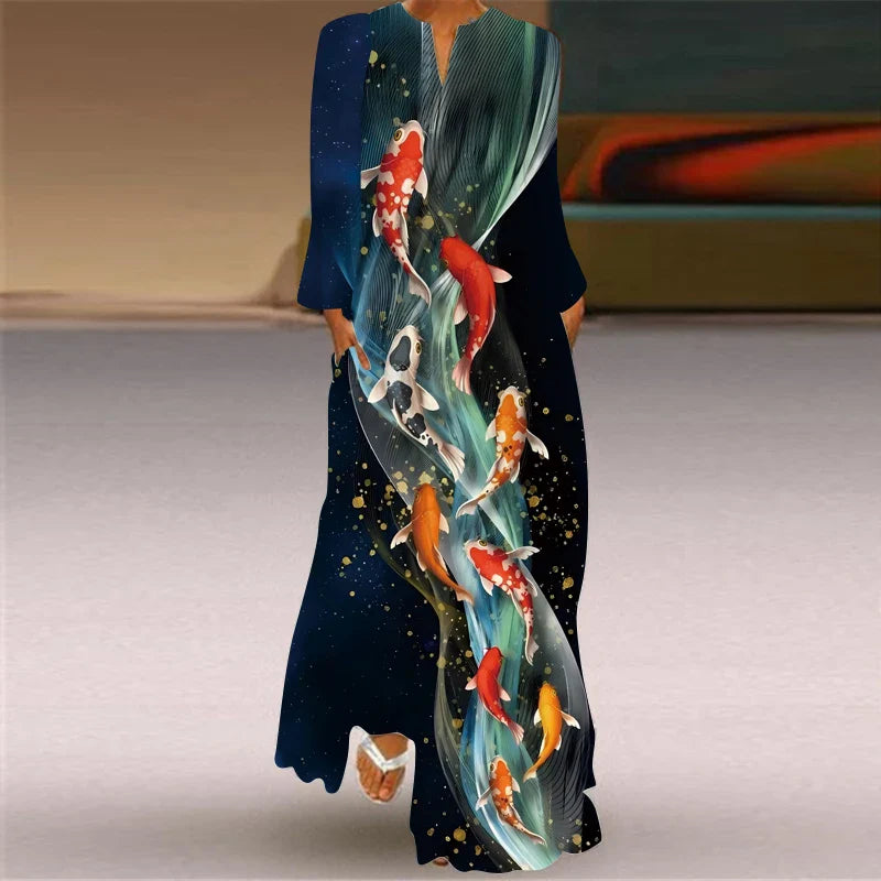 V Neck Long Sleeve Printed Dress With Pocket For Women