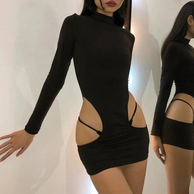 Y2K Hollow Out Round Neck Dress For Summer With Long Sleeves