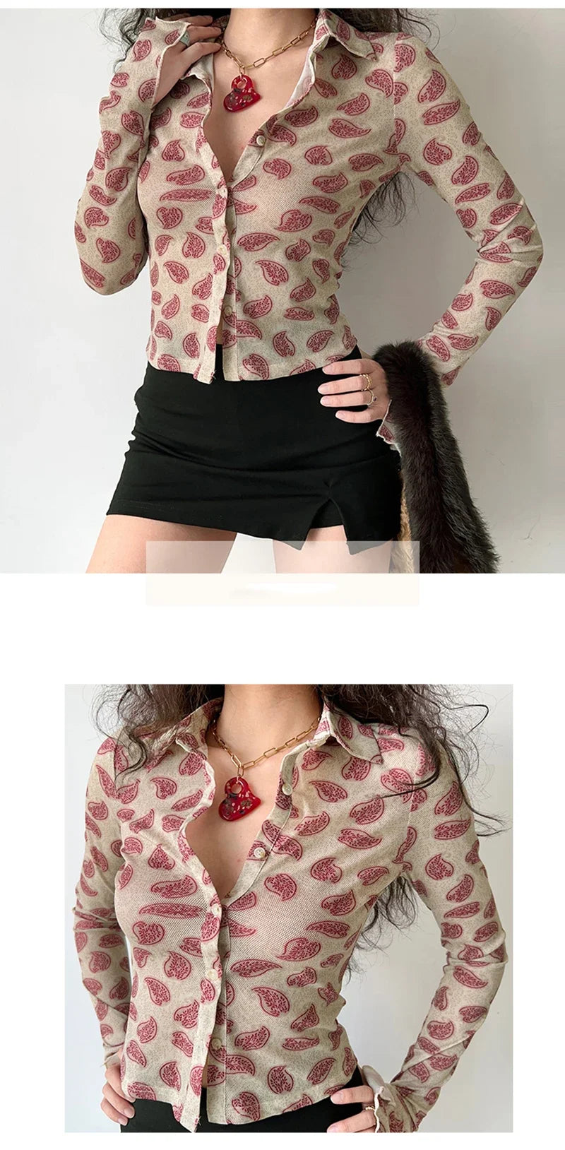 Women Printed Long Sleeve Blouse Turn-Down Collar Button-Up Cardigan Shirt Casual Office Top Vintage Autumn Fashion