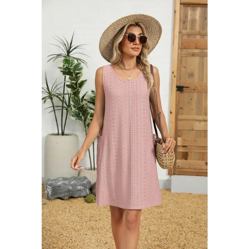 Loose Sleeveless Dress With Pockets Round Neck Solid Color