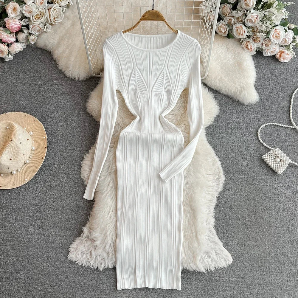 Long Sleeve Knitted Bodycon Dress For Women Autumn Retro