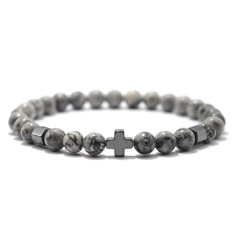 Men's Hematite Cross Bracelet Set with Natural Lava and Tiger Eye Stones Beaded Bracelets for Stylish Accessories