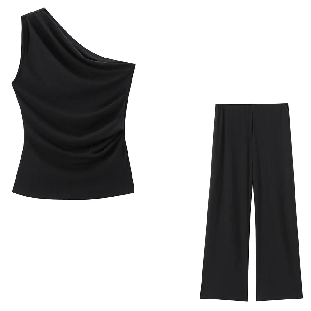 Women's Asymmetric Collar Sleeveless Slim Fit Top and Wide Leg Pants Set for Elegant Casual Style