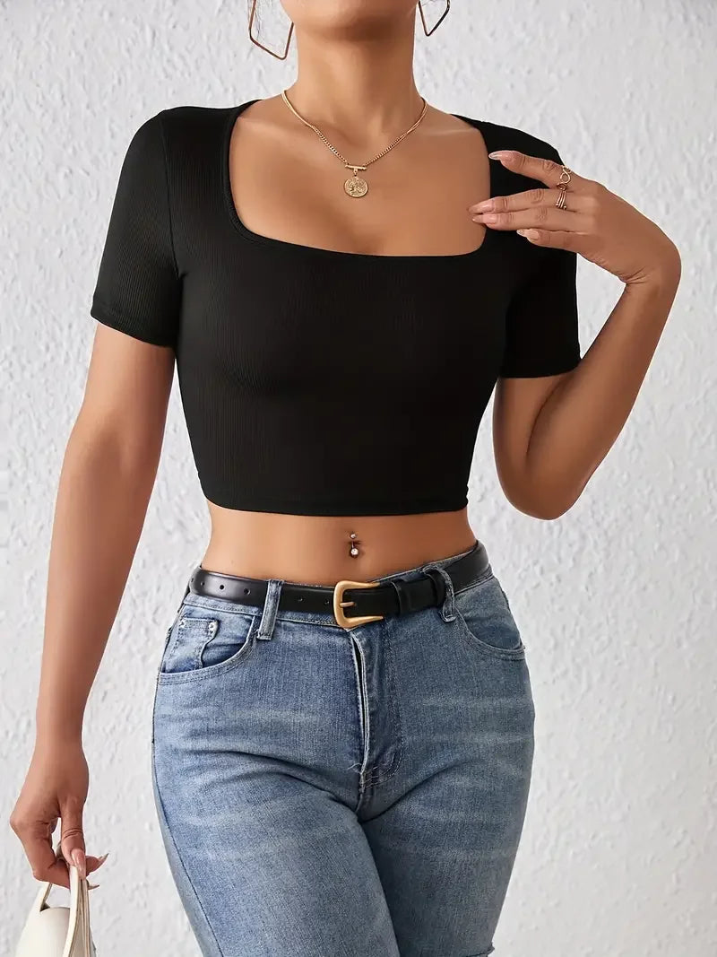 Solid Square Neck Crop T-Shirt for Women, Y2K Short Sleeve Top Perfect for Spring and Summer Fashion