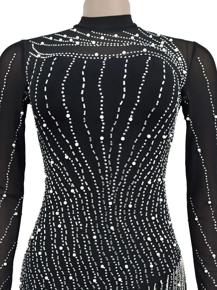 Rhinestone Mesh Mini Dress Fringe Crystal Party Dress