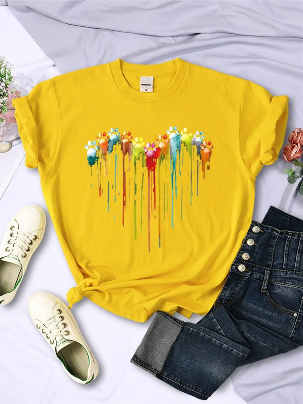 Multicolored Cat Paw Print T-Shirt for Women Comfortable O-Neck Short Sleeve Summer Casual Top