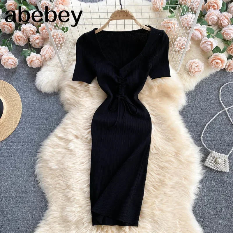 Korean Knit Bodycon Dress V Neck Drawstring Short Sleeves