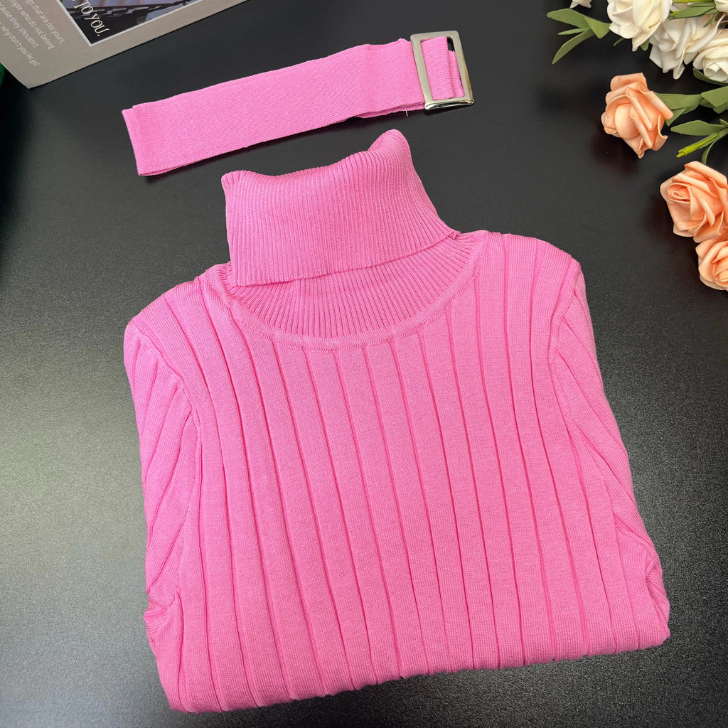 Rib Knit Bodycon Dress Belted Turtleneck Sweater Winter