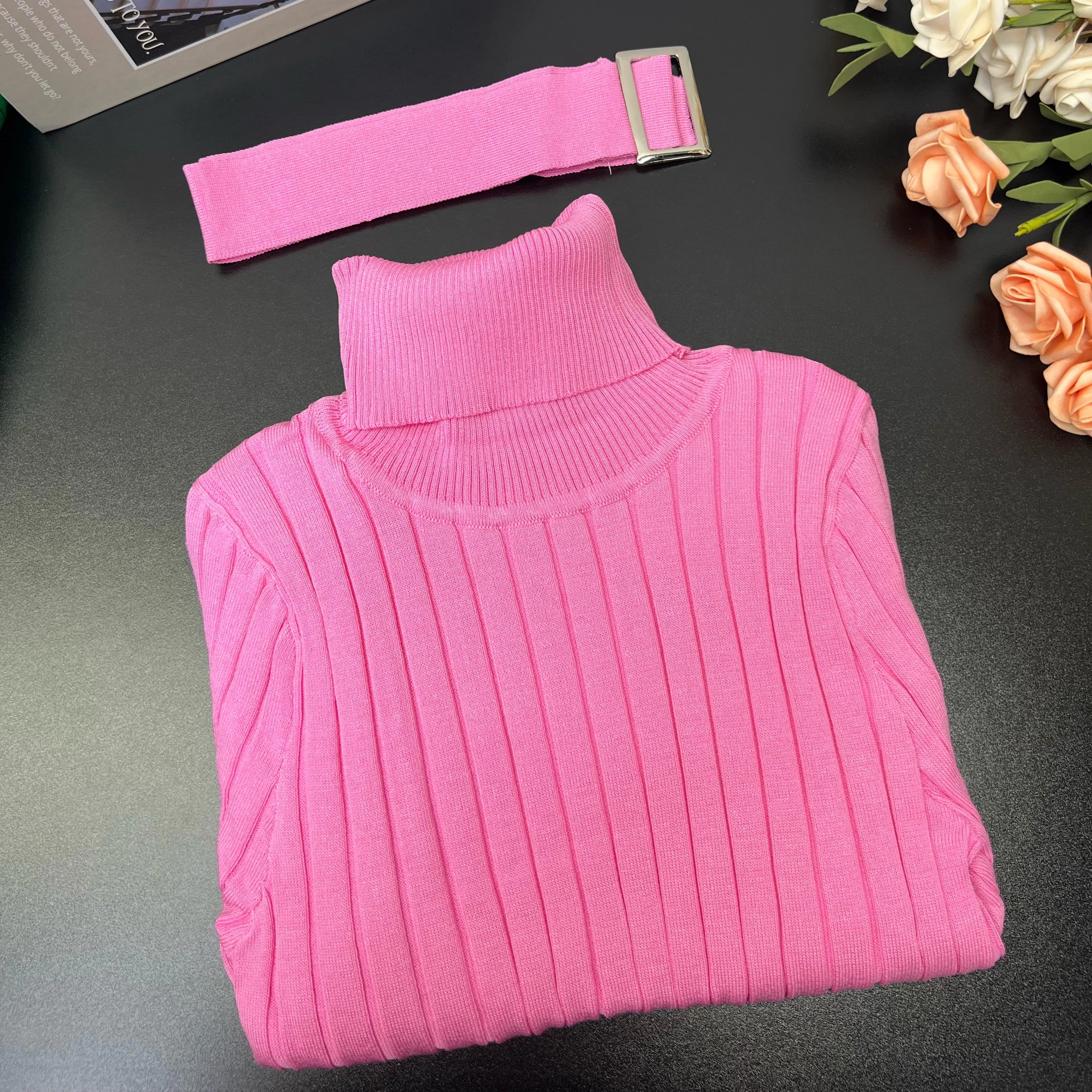 Rib Knit Bodycon Dress Belted Turtleneck Sweater Winter