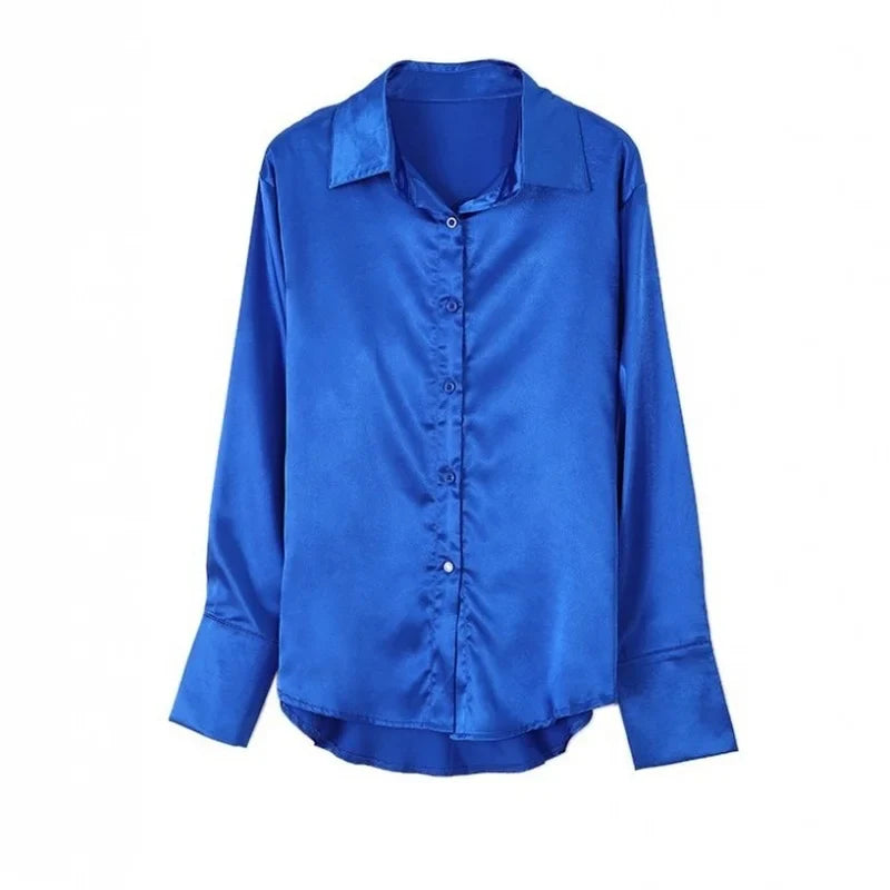 Elegant Satin Long Sleeve Blouse for Women Vintage Blue Green Silk Casual Loose Button Up Shirt Stylish and Comfortable Female Tops