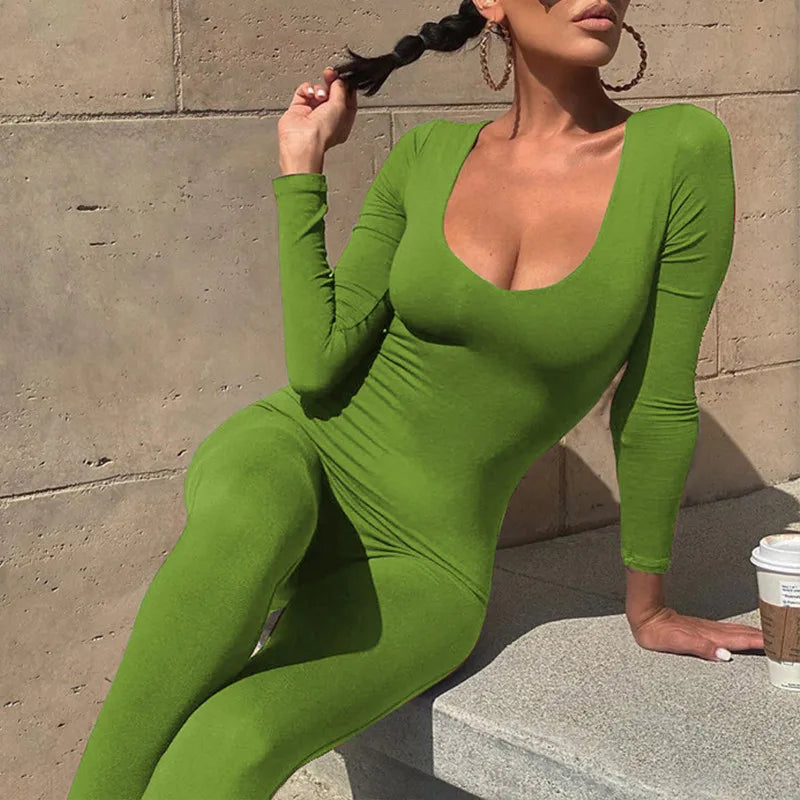 Women's Black Long Sleeve Bodycon Jumpsuit Slim Fit Sexy Solid Romper Casual Sporty Skinny Streetwear for Autumn Winter