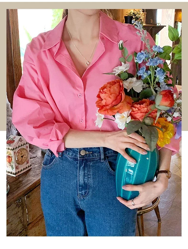 Women's Casual Loose Fit Long Sleeve Lapel Shirt 100 Percent Cotton Pure Color Versatile Layering Top for Spring and Autumn