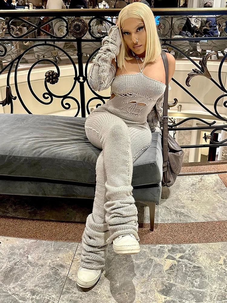 Weird Puss Bandage Knit Halter Jumpsuit with Gloves Women Stretch Sexy Backless Hollow Skinny Street Style Stacked Workout Overalls