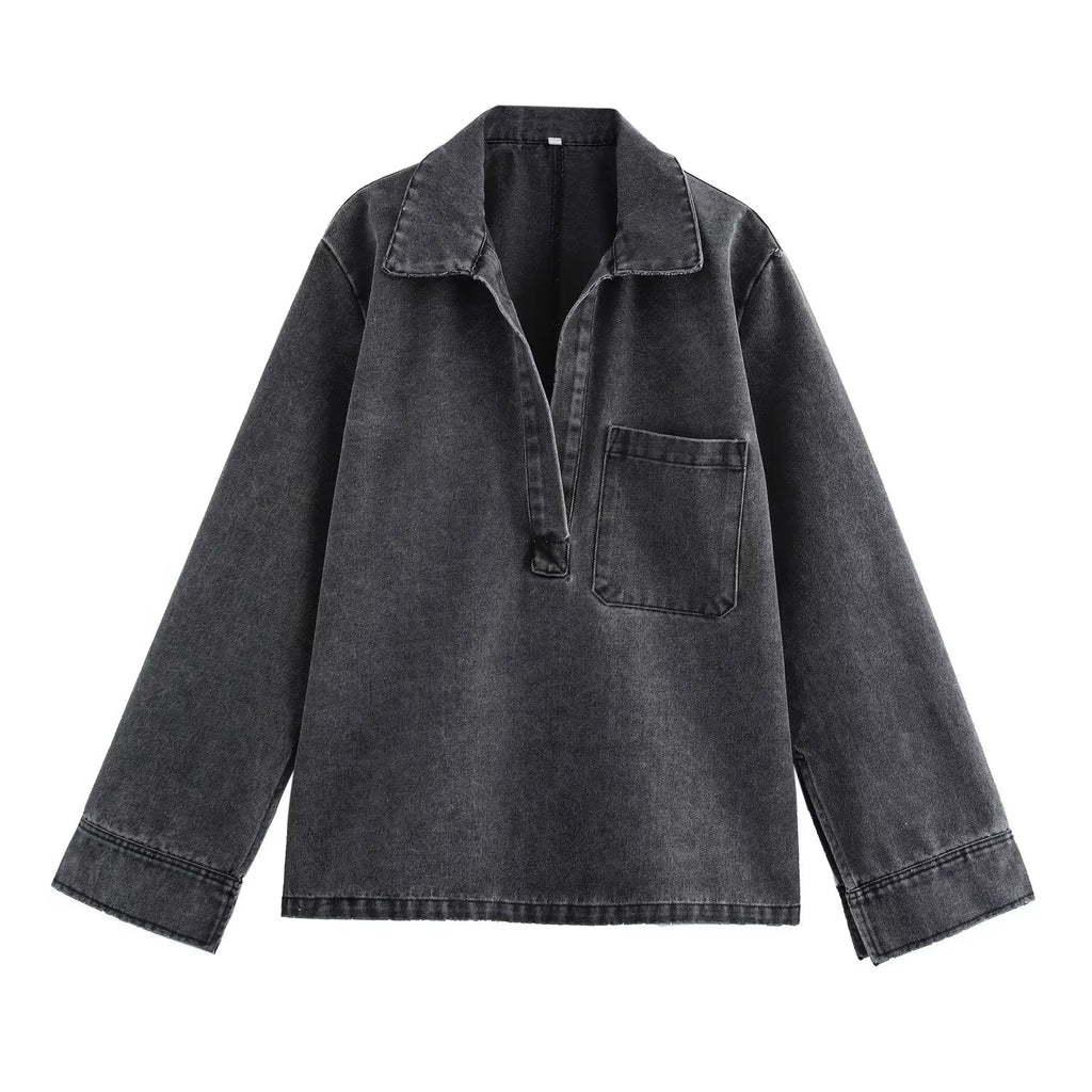 Blue Oversized Shirt and Wide Baggy Denim Pants Two-Piece Set Casual Autumn Jean Outfit for Women