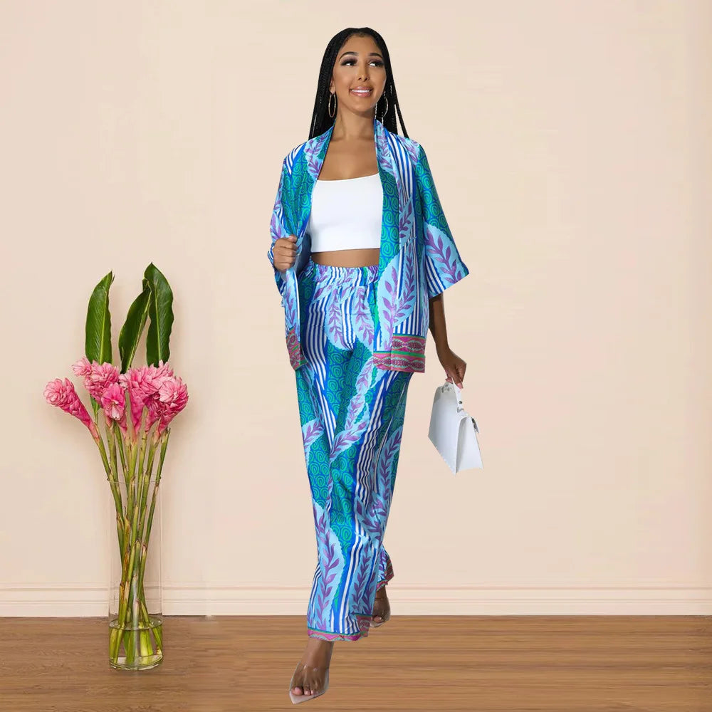 Women's Imitation Silk Printed Two Piece Set with Lace-Up Long Sleeve Top and Wide-Leg Pants for Casual Street Style