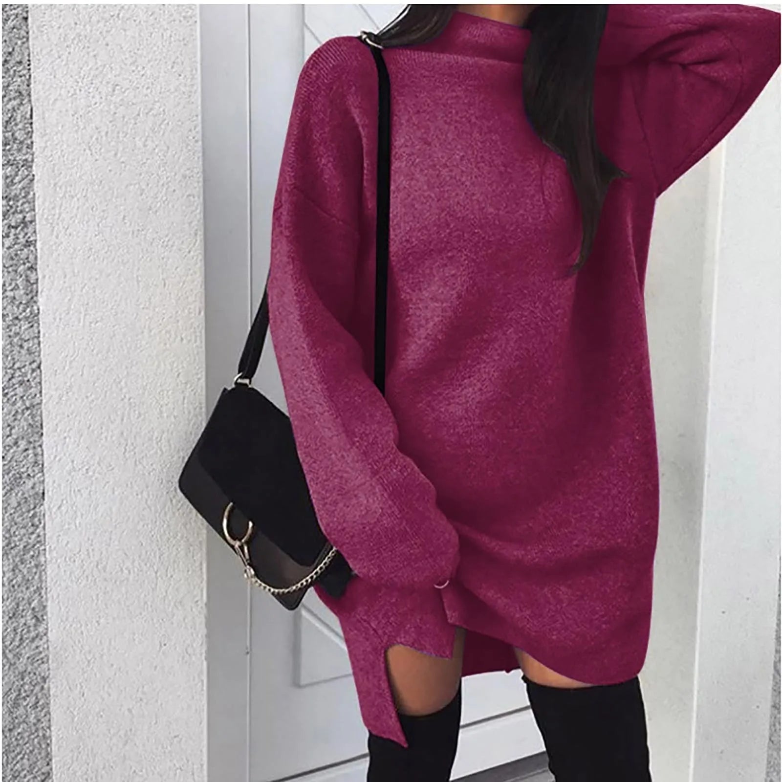 Oversized Knit Dress Turtleneck Long Sleeve Solid Color