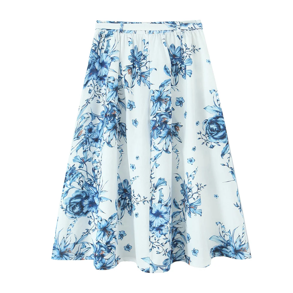Women's Sleeveless Floral Print Crop Top and Midi Skirt Set in White with Blue Flowers for Chic Summer Style