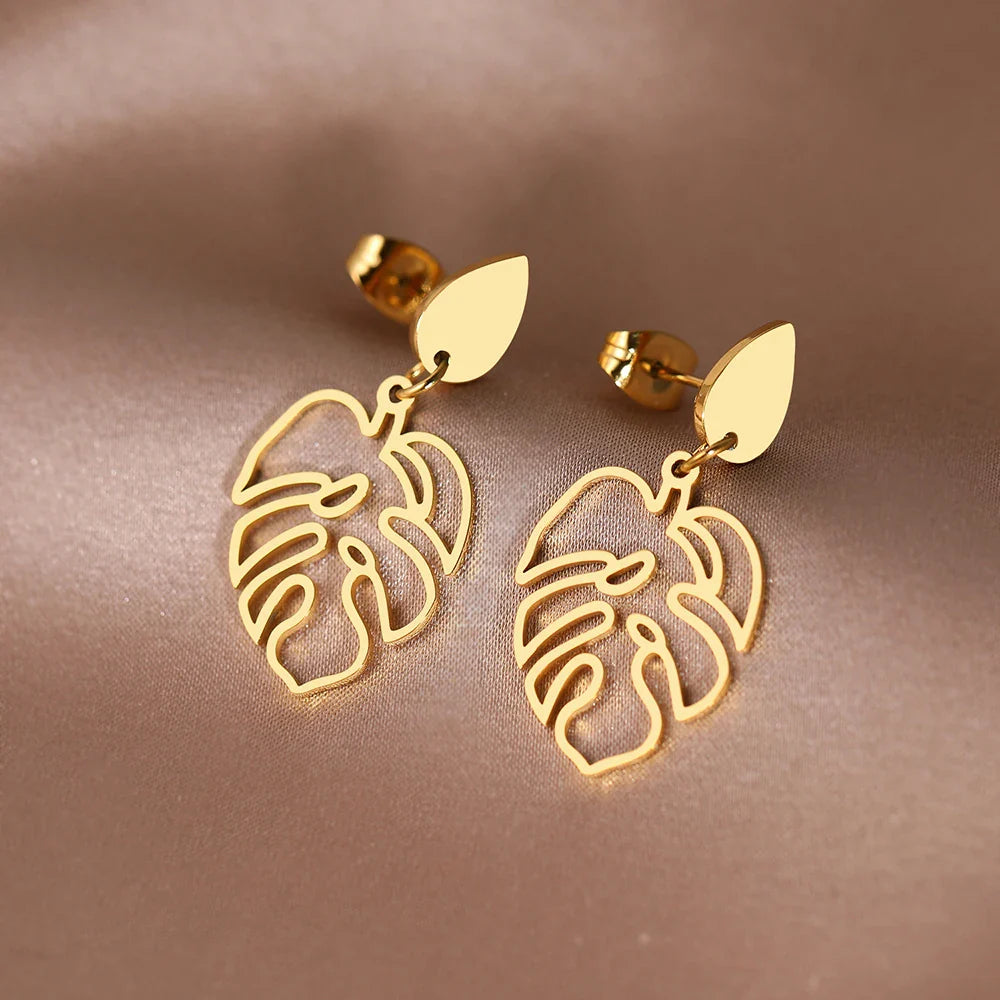 Stainless Steel Vintage Water Drop Plant Leaves Earrings for Women Fashion Jewelry Perfect for Parties and Special Occasions