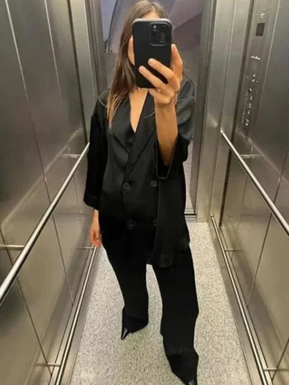 Women's Satin Blazer and High Waisted Straight Leg Pant Set with Crease Texture