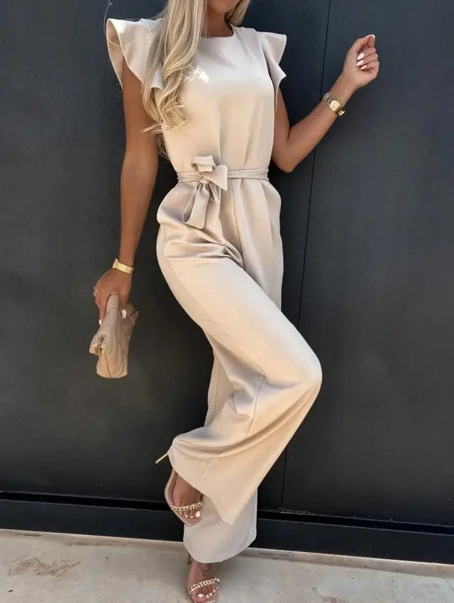 Elegant Lace Up High Waist Jumpsuit for Women with Straight Leg and Ruffle Edge Sleeves in Solid Color