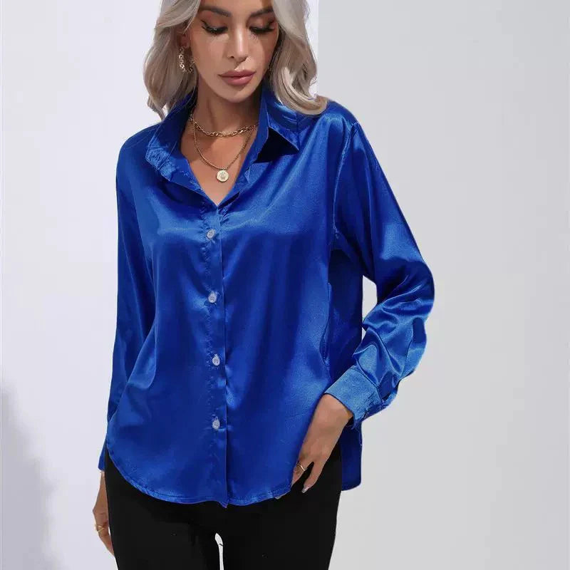 Elegant Autumn Satin Blouse for Women Multicolor Slim Fit Solid Vintage Style Transparent Button Shirt Perfect for Casual and Party Wear