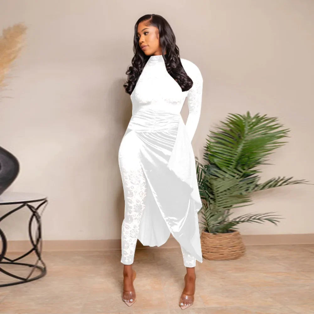 Sexy Sheer Floral Lace Jumpsuit with Overlay Skirt Stretchy Skinny One Piece Romper for Nightclub Party Women Clubwear