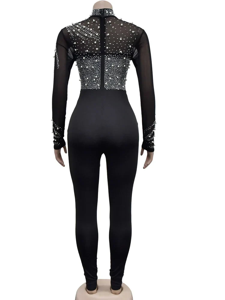 Women's Sheer Mesh Crystal Jumpsuit with Pearls and Rhinestones Long Sleeve Fitted Glam Romper Clubwear One-Piece Outfit