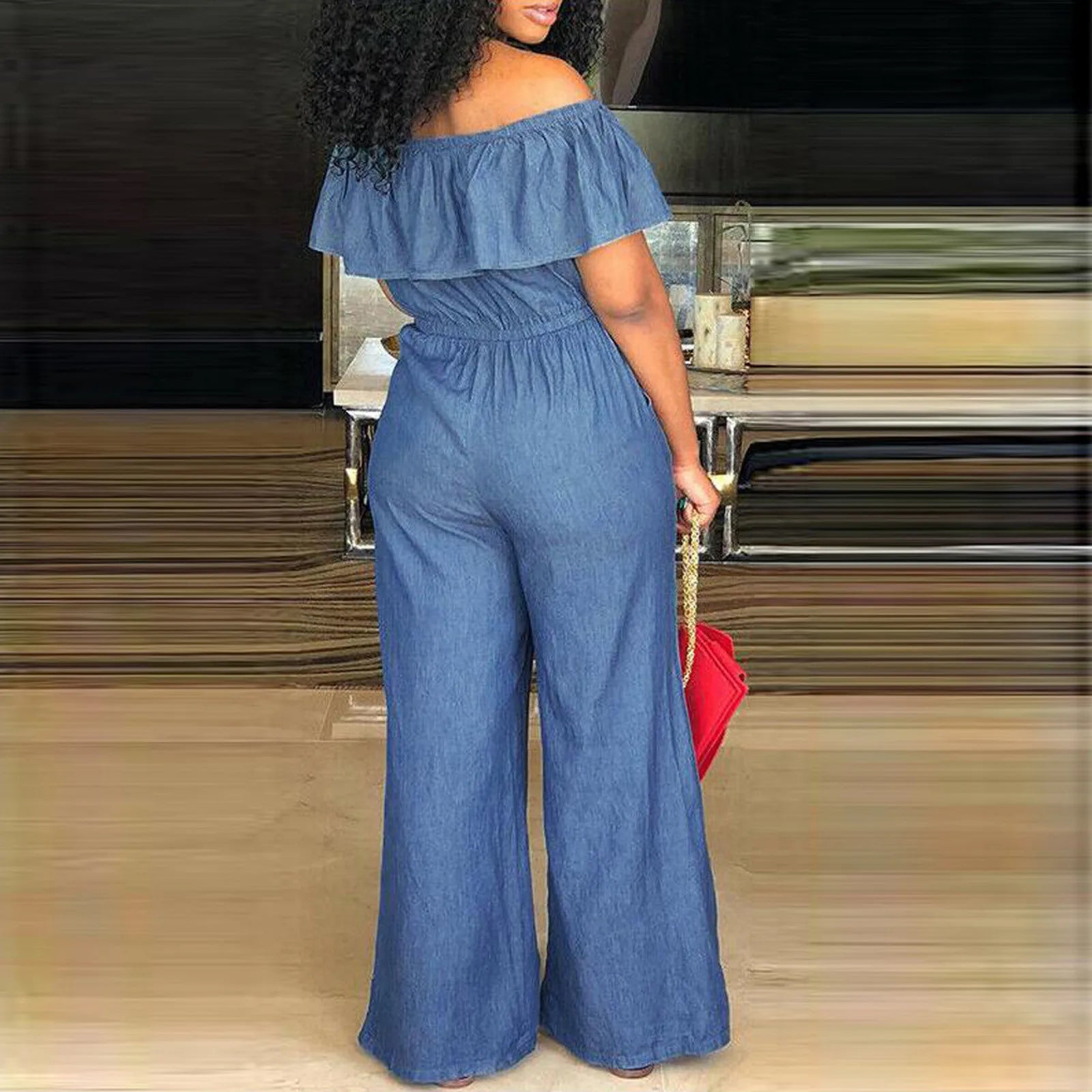 Plus Size 5XL Elegant Off Shoulder Denim Jumpsuit for Women Long Sleeve Ruffle Casual Romper Office Party Wear Solid Color Overalls