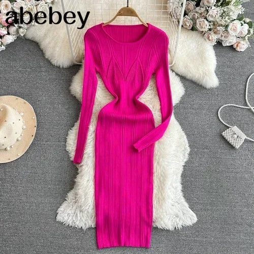 Long Sleeve Knitted Bodycon Dress For Women Autumn Retro