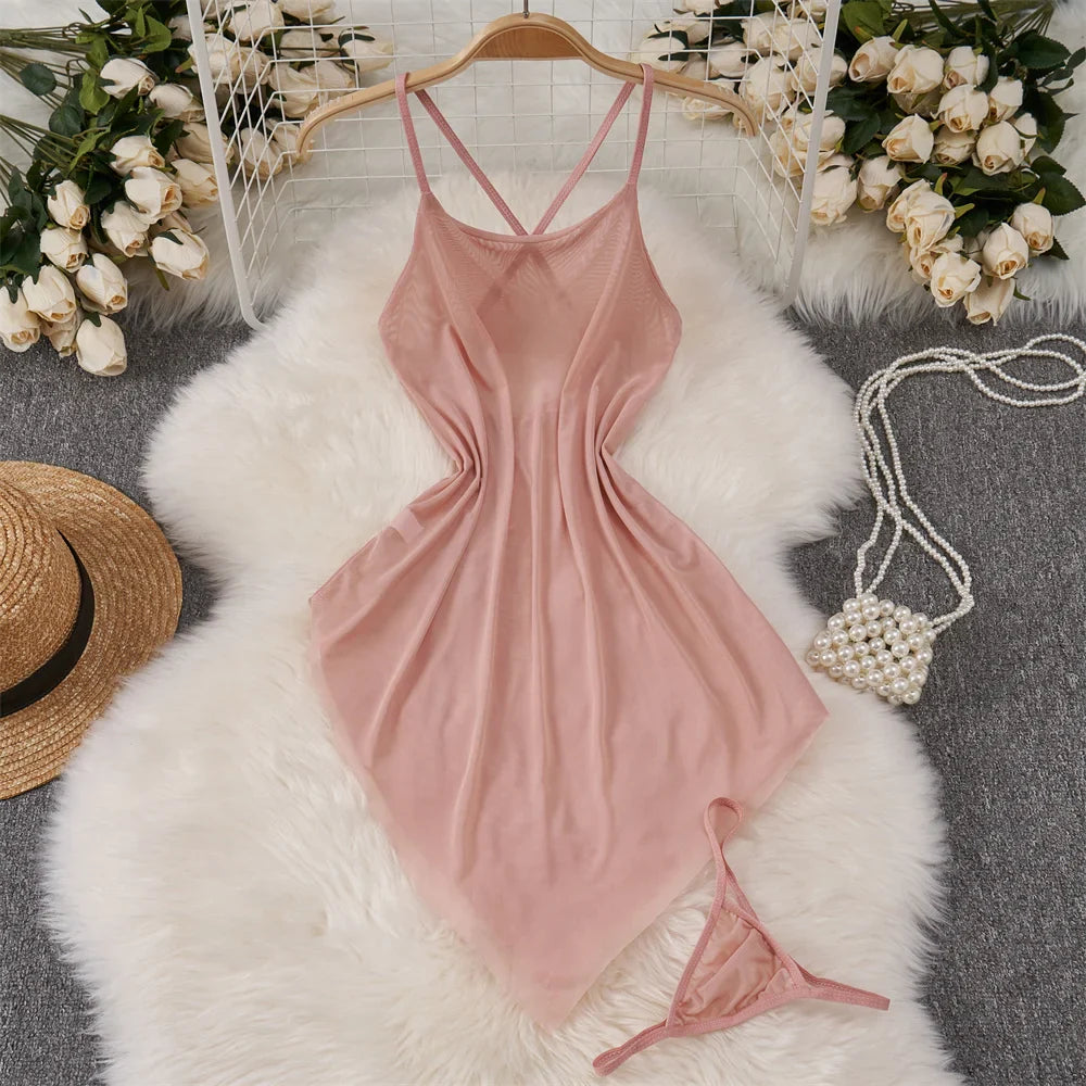 Backless Mesh Nightgown With Cross Strap Nightdress