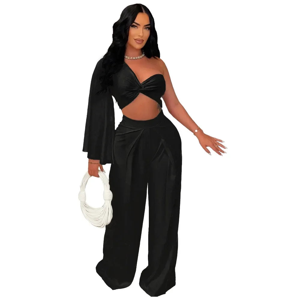 Women's Ruched One Shoulder Sleeve Crop Top and Wide Leg Pants Two Piece Set Outfit